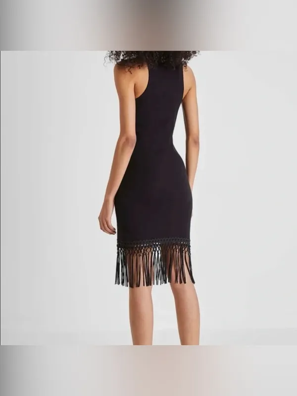 NWOT French Connection Black Ribbed Fringe Hem Midi Dress Size L Boho Swing - Image 3