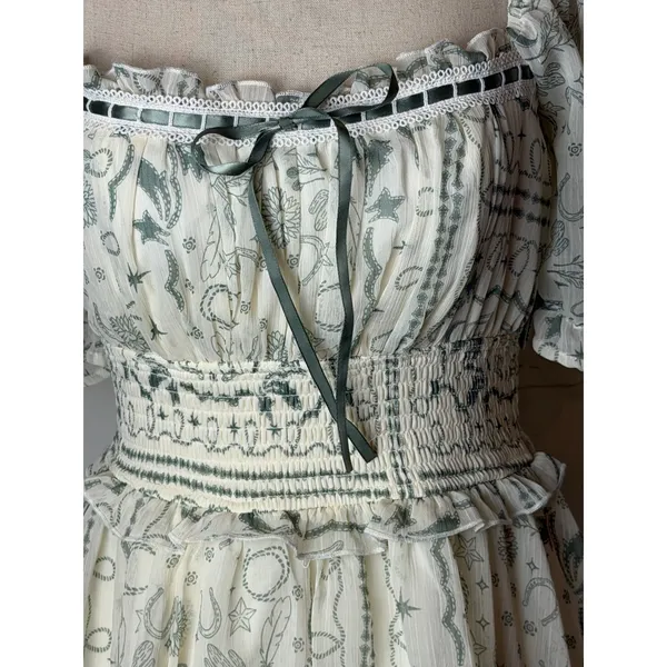 Francescas Mini Dress Women Small Green Toile Western Print Smocked Tiered Boho - Image 8