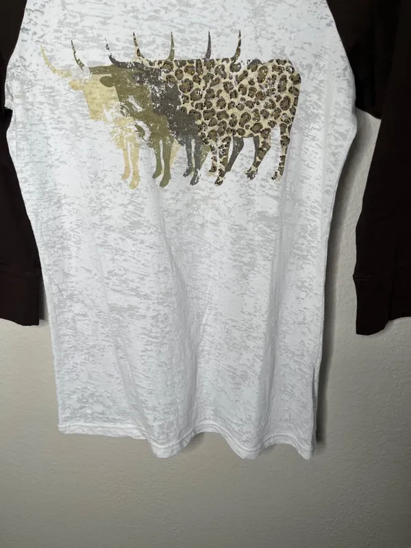 Ariat Womens Small White Brown Raglan Longhorn Western Burnout Graphic T-Shirt - Image 2