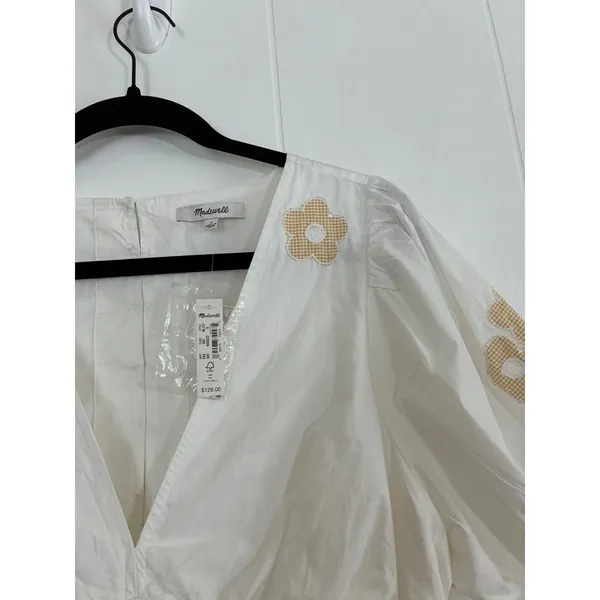 NWT Madewell Annamari White Puff Sleeve‎ Gingham Flower Embroidered Mini Dress S - Image 6