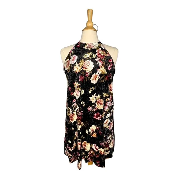 Final Touch Floral Velvet Dress Womens Large Black Halter Neck‎ Mini Shift USA - Image 2