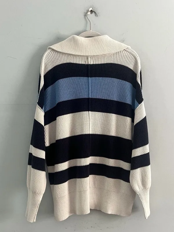 Aerie Beyond‎ Quarter Zip Sweater Blue Striped Cotton Knit Pullover Size Small - Image 3