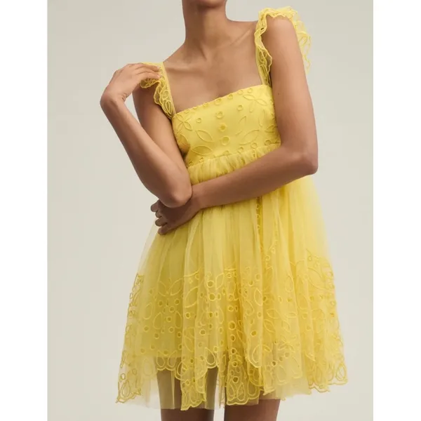 Anthropologie Let Me Be Yellow Eyelet Tulle Mini Dress M Yellow - Image 3
