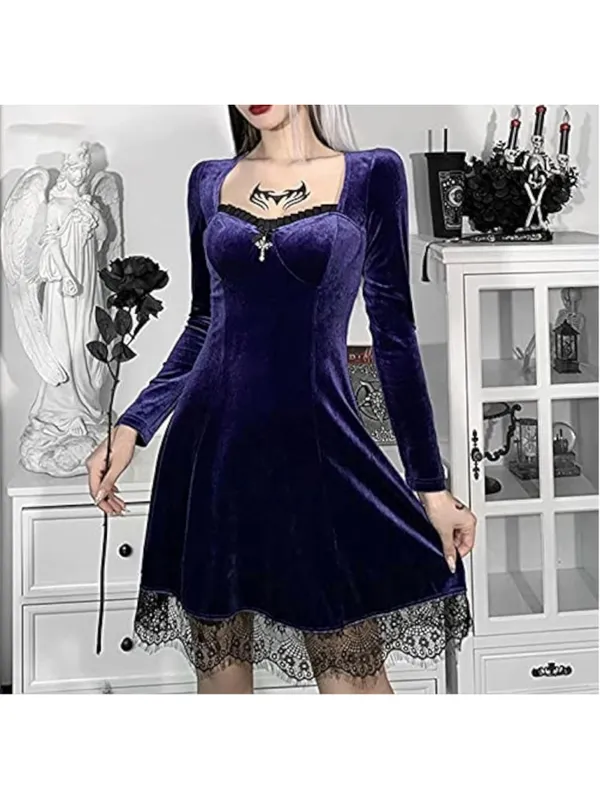 NEW Gothic Lolita Lace Dress Long Sleeve Lace-up Vintage Punk Puff Sleeve L - Image 5