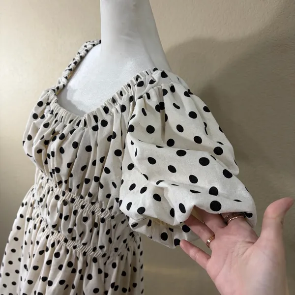 Bohme Polka Dot Black & Ivory Mini SunDress SZ- M NWT Beachy Cottagecore Peasant - Image 5