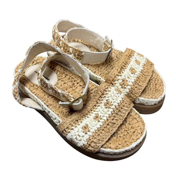 Free People FP Roma Raffia Slip On Ankle Strap Platform Sandals Tan White 8 - Image 4