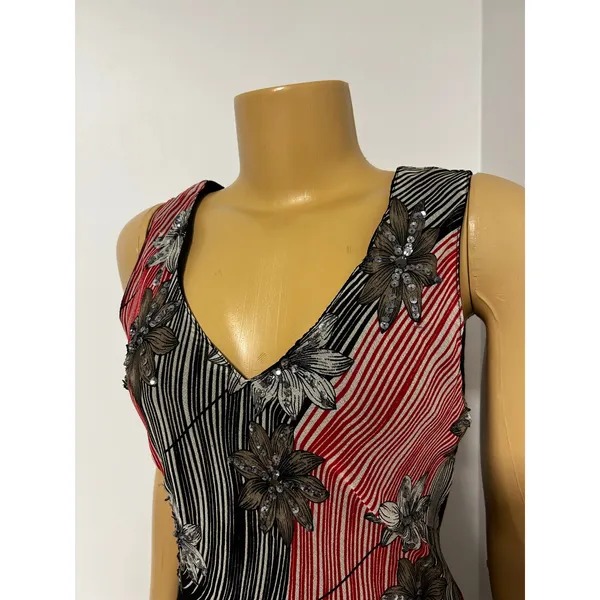 Y2K Jessica Taylor Red Black Floral Sequin Ruffle Midi Dress 286 NWT Medium - Image 4