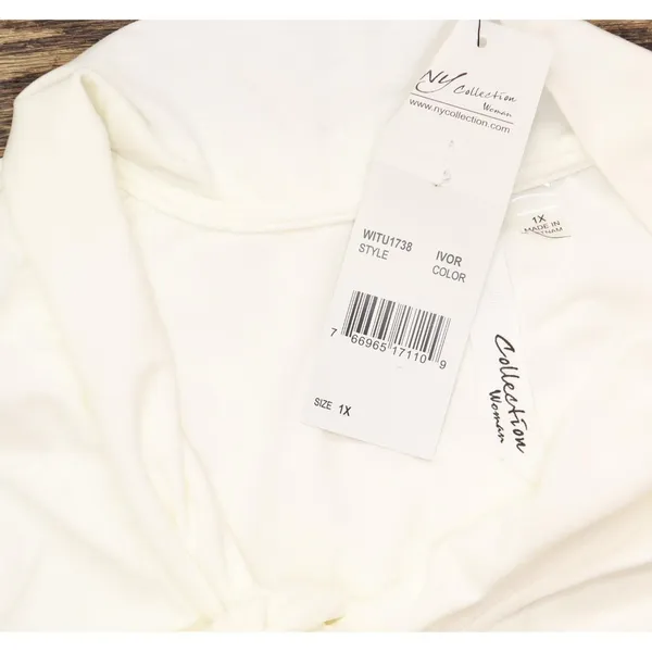 Ny Collection Short Sleeve Knit Top with Chiffon Shoulders Ivory Off White 1X - Image 4