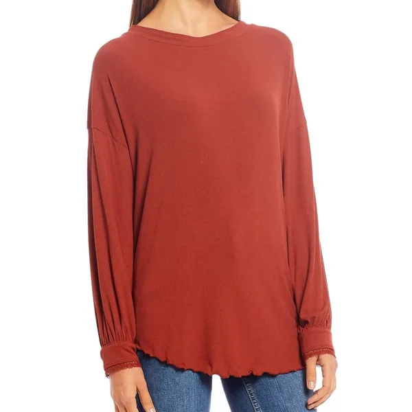 Free People Shimmy Shake Top Oversized Rust Long Sleeve Blouse scalloped hem EUC - Image 13