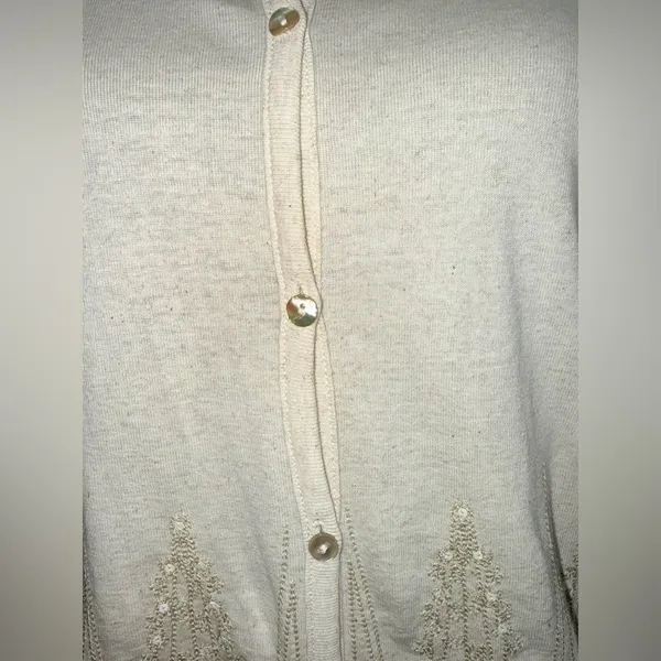 Elegant Beige Button-Front Cardigan with Sequin & Embroidered Detail Size Small - Image 2