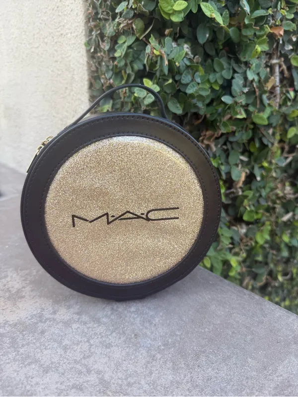 MAC Cosmetics Gold Glitter Round Cosmetic Case with Black Trim - Image 3