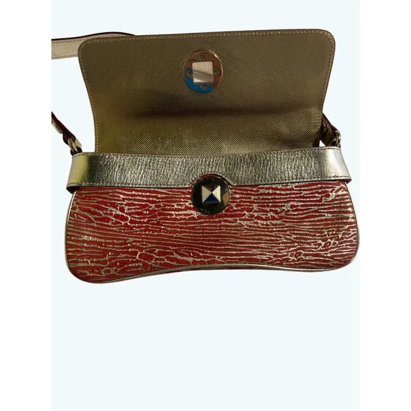 Kate Spade Baguette Shoulder Bag Coral & Gold Metallic Strap Party Clutch - Image 8