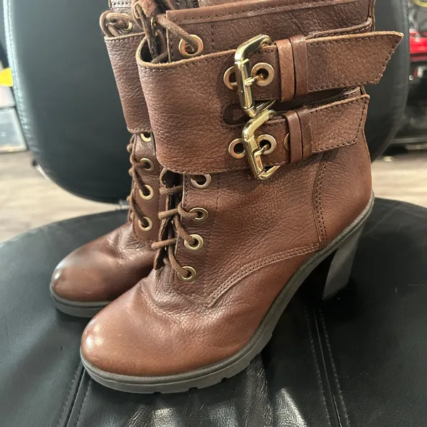 Guess Brown Leather Ankle Boots with Gold Buckle lace up. Read description. - Image 4