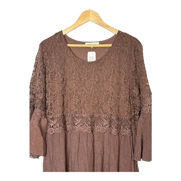 Indigo Soul Mini Dress Womens Medium Brown‎ Gored Crochet Lace Bell Sleeve Boho - Image 5