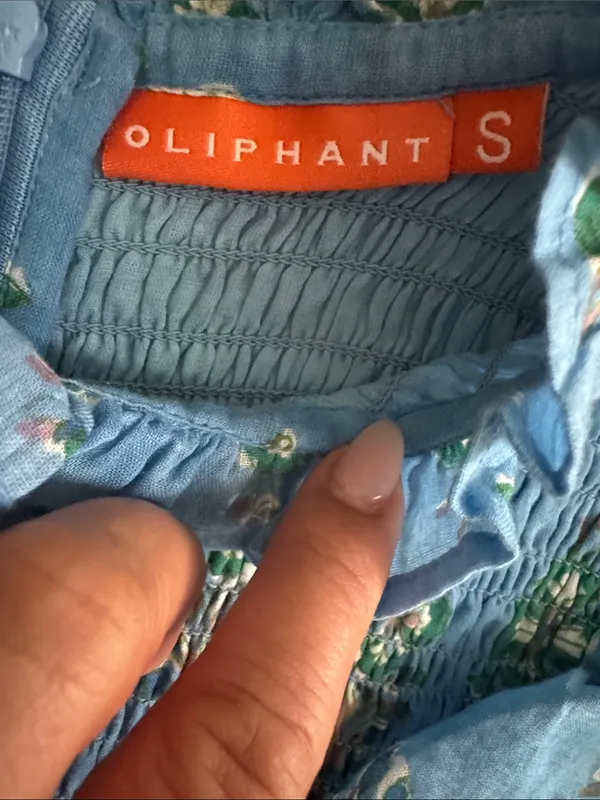 OLIPHANT 100% Cotton Smocked Flirty Ruffle Blue Block Print | Size Small - Image 13