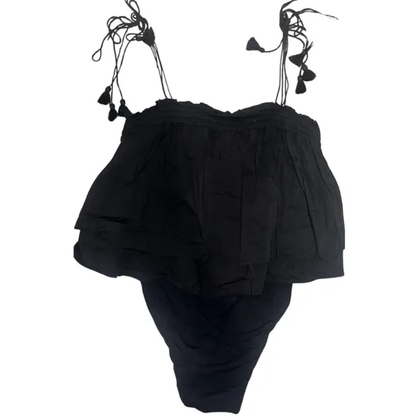 Free People Black Trust Me Bodysuit By Intimately Playsuit Ruffle Tassel Sz Sm - Image 2
