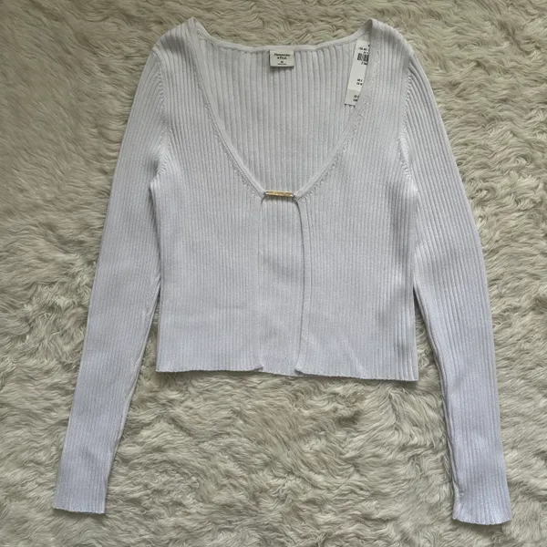 Top Slim Bar Closure Open Cardigan Ribbed White XS NWT New - Image 3