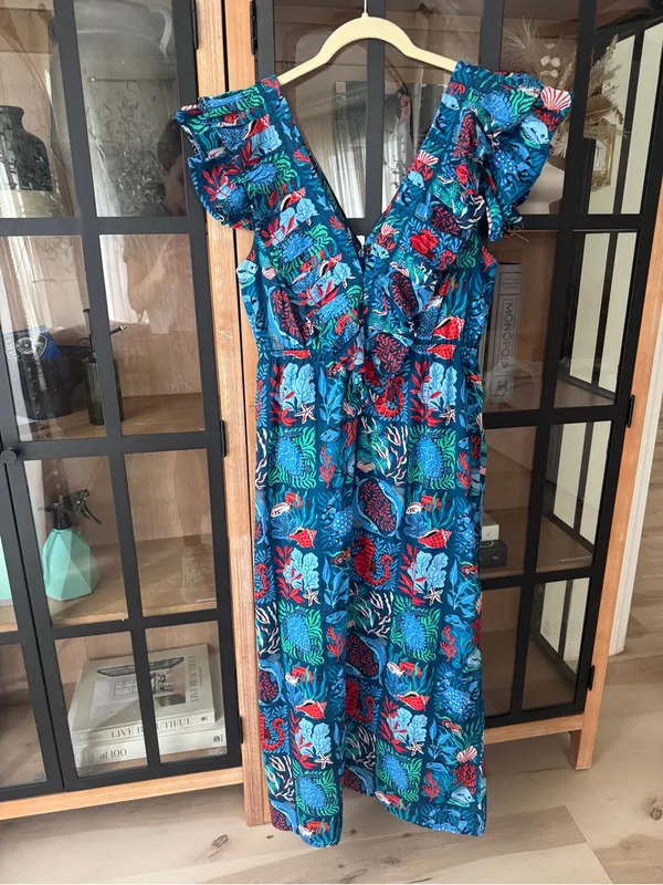 Printfresh Lola Midi Dress ruffle Nautical Tiles Seaside ocean animals fish reef - Image 2