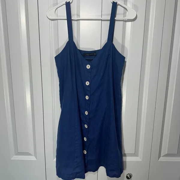 Zara Mini Dress Womens M Blue 100% Linen Button Front Sleeveless Sundress V Neck - Image 2