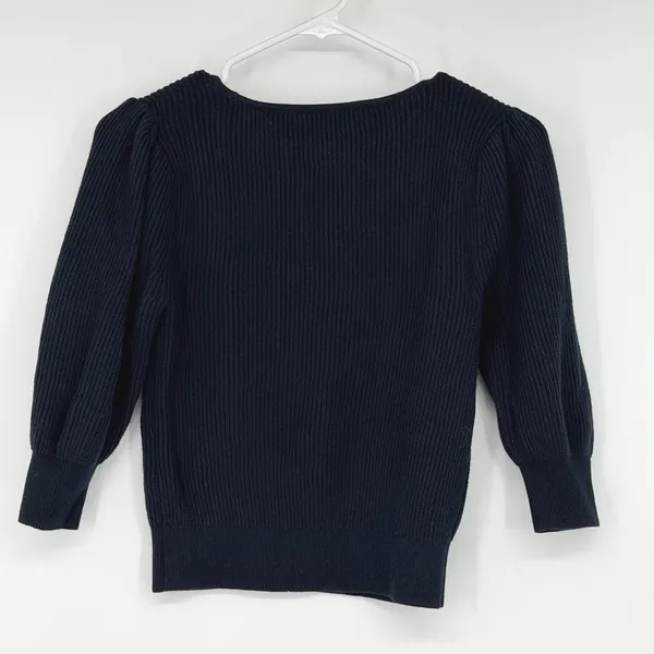 Abercrombie & Fitch XS Navy Blue Ribbed Knit Scoop Neck Puff Sleeve Sweater Y2K - Image 2