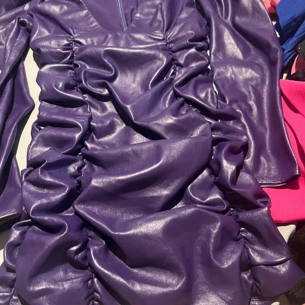 New Revolve Lovers + Friends Bardot Vegan Faux Leather Purple Mini Dress S‎ - Image 10