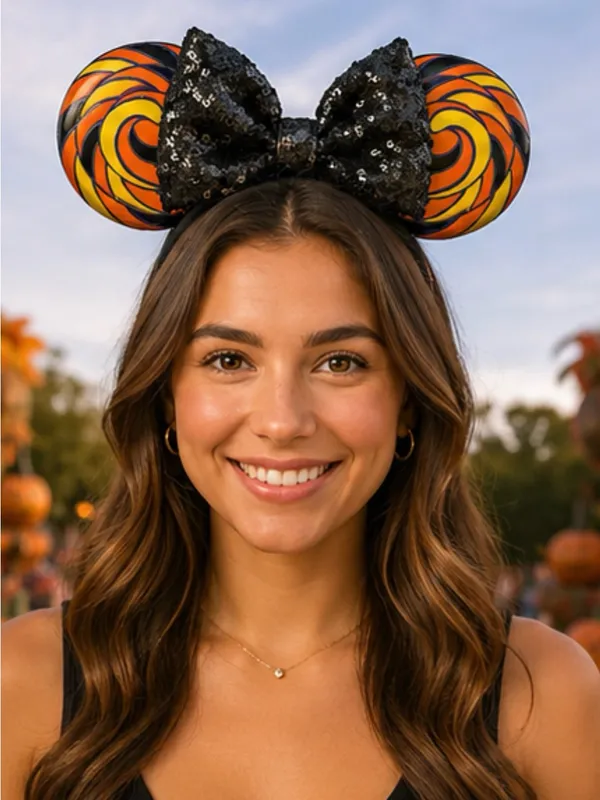 Disney Halloween Swirl Candy-theme Mickey Ears Headband with Black Sequin Bow - Image 4