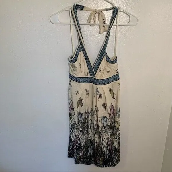 BCBGMAXAZRIA Women's Size XS Halter Sun Dress‎ Cream Blue Floral Surplice Neck - Image 3