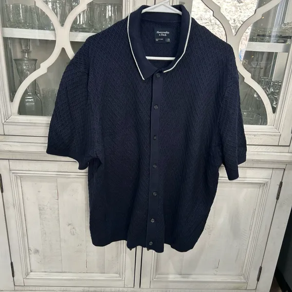 Abercrombie & Fitch Textured Knit Polo Shirt Navy Blue XXL - Image 2