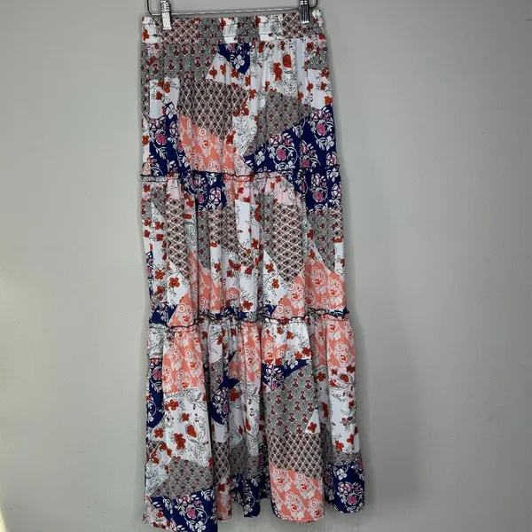 Womens Patchwork Blue White and Pink Tiered Maxi Skirt Size Small Boho Hippie - Image 4