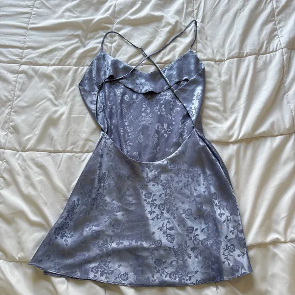 Victorias Secret Floral Satin Mini Dress Blue Strappy Back Side Slit V-Neck - Image 10