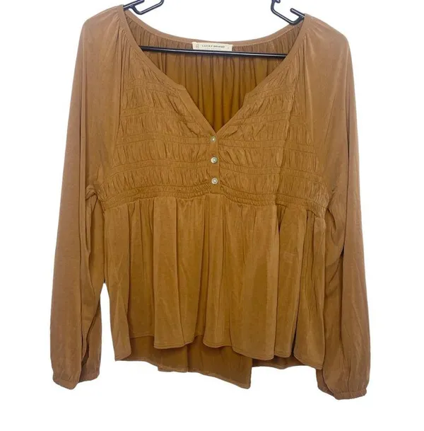 Lucky Brand Long Sleeve Smocked Top brown size large cropped modal i - Image 2