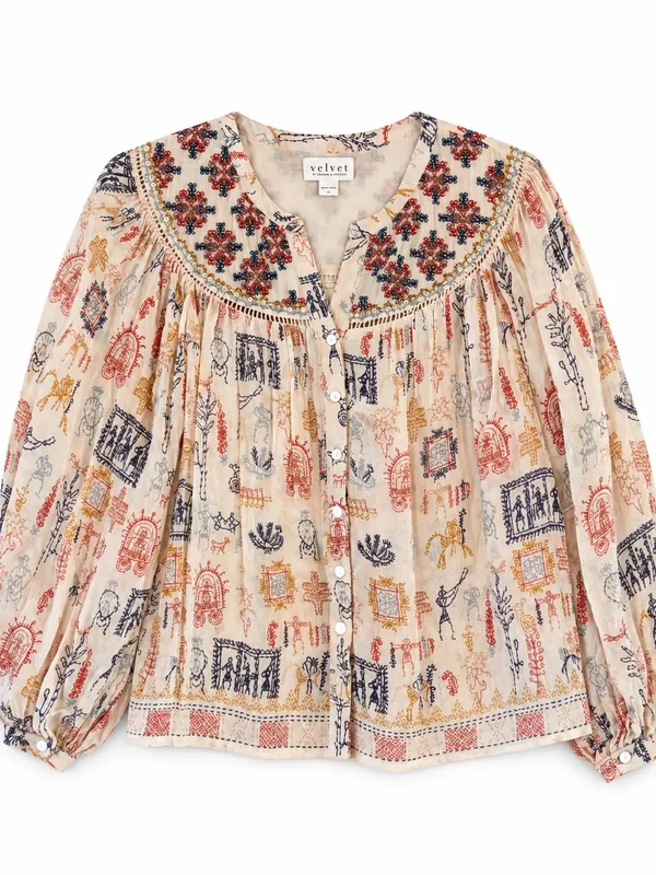 Velvet by Graham & Spencer Blouse Womens M Cream Excellent Embroidered Boho Top - Image 3