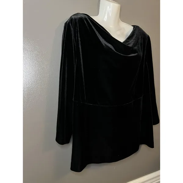 Donna Ricco Blouse Womens 16W Plus Black Velvet Cowl Neck Long Sleeve Made USA - Image 2