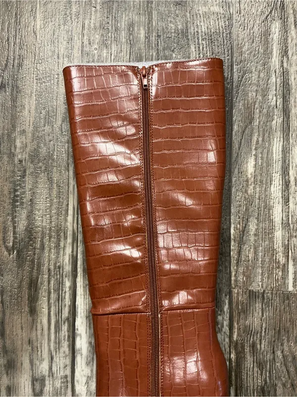 Nasty Gal Croc-Embossed Knee Boots - Chestnut Brown Size 6 - Image 15