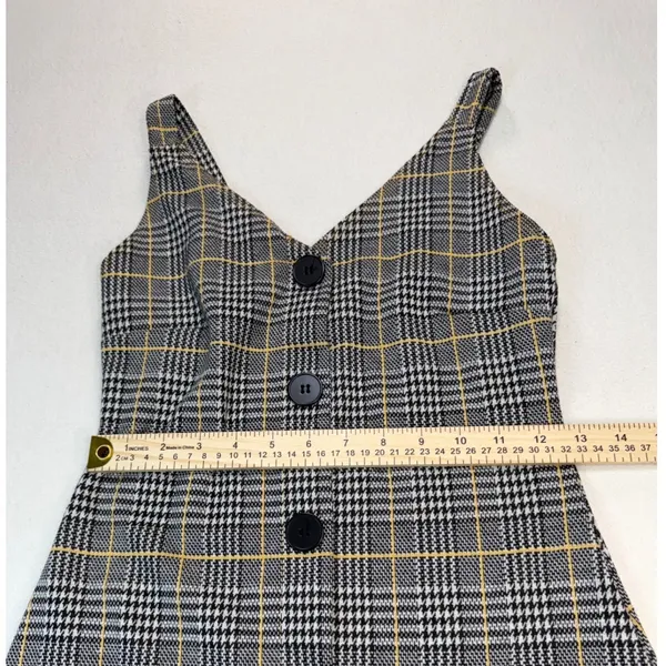 Grey‎ Yellow Plaid Button Front Mini Dress Sleeveless V-Neck A-Line Pinafore - Image 8