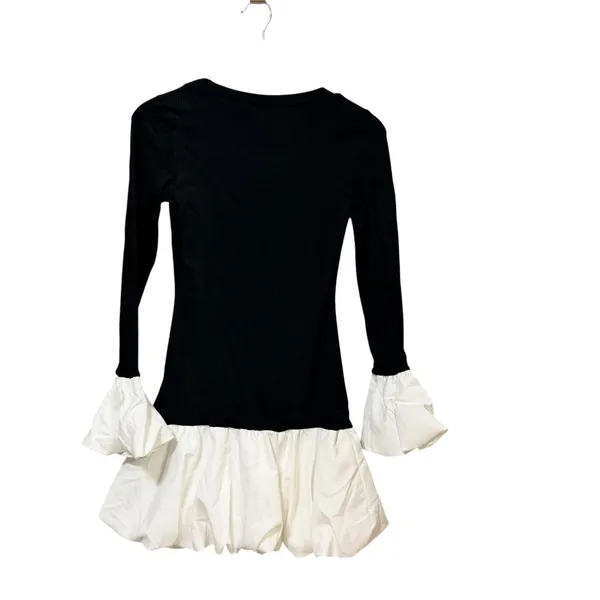 Black Ribbed Long Sleeve Mini Dress White Bubble Hem Ruffle Cuffs XS - Image 2