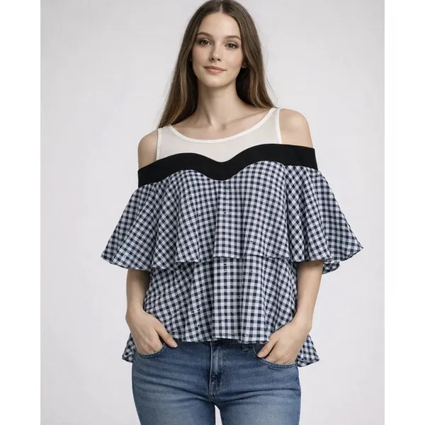 P. Luca Milano Women's Off The Shoulder Gingham Tiered‎ Ruffle Blouse Size L NEW - Image 2