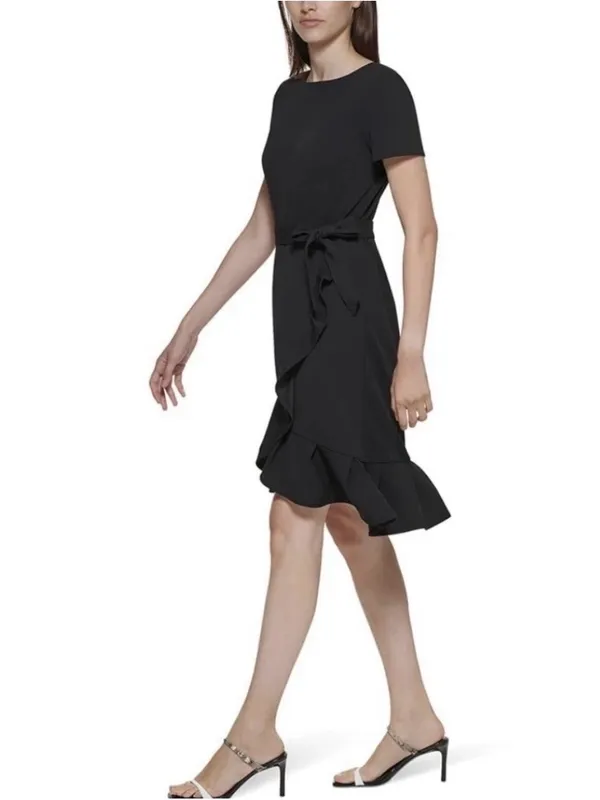 Calvin Klein Black Wrap Ruffle Tie-Waist Crepe Dress Size 4 - Image 2