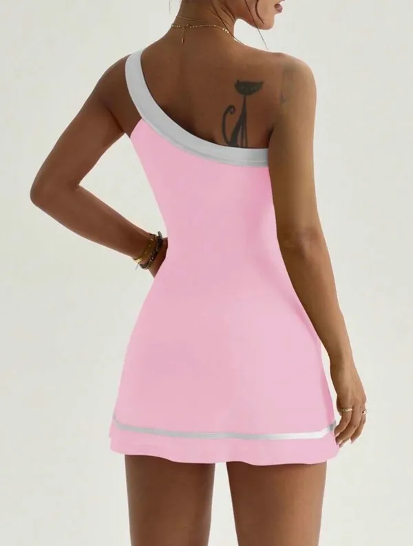 NWOT One-Shoulder Pink Tennis Dress with White Trim - Image 3
