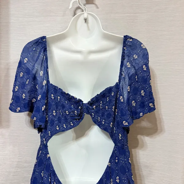 Maeve Anthropologie Blue Block Print Open Back Ruffle Mini Dress Large - Image 6