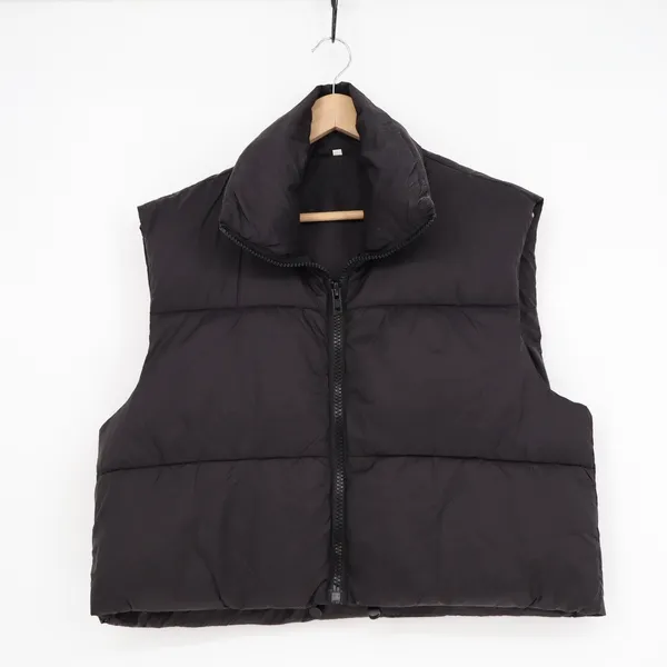 Black Puffer Vest Cropped Quilted Zip Up Stand Collar Sleeveless Jacket Large - Image 2