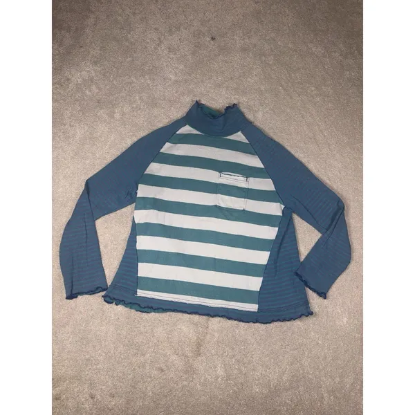 Free People We The Free XS Striped Turtleneck Top Teal Blue Raw Seam Pocket - Image 3