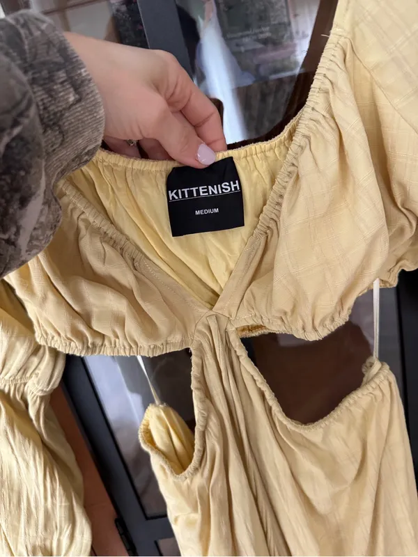 Kittenish mini dress long sleeve cutout vneck open back mustard butter tie front - Image 4