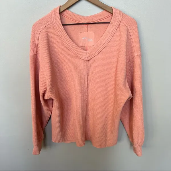 Aerie Wonder Textured V Neck Oversized Sweatshirt Saturn Peach Top Coral Orange - Image 4