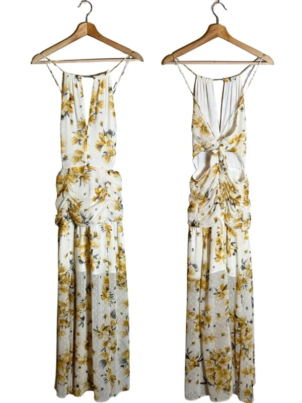 Hello Molly Just Us Floral Maxi Dress Womens Medium White Yellow Slits Open Back - Image 5