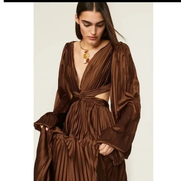 Ieena for Mac Duggal Brown Long Sleeve Pleated Full Skirt Cut Out Sides Gown 6 - Image 14