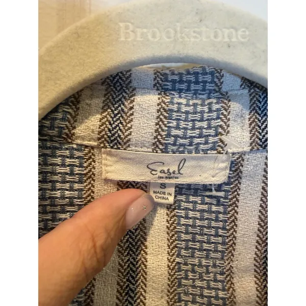 Easel Mixed Media Patchwork Plaid Striped Star Button Down Shirt Blue Size Small - Image 2