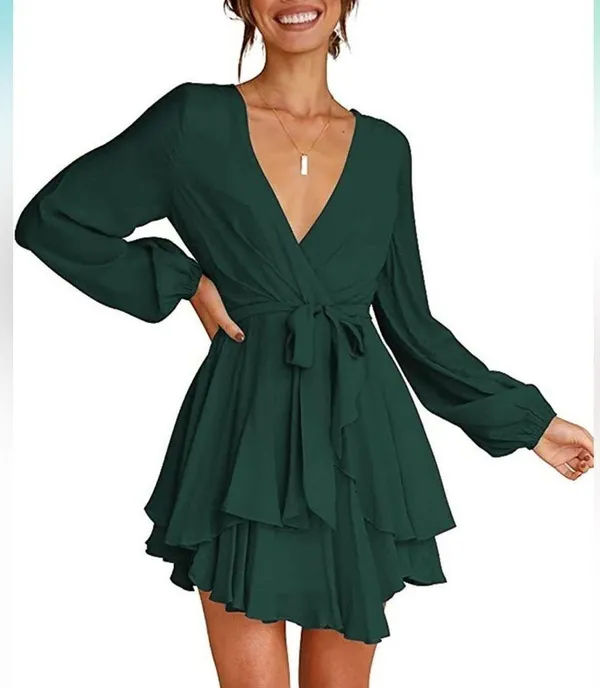 NEW Dress Deep V-Neck Long Sleeve Waist Tie Ruffle Mini Swing Green Medium - Image 6