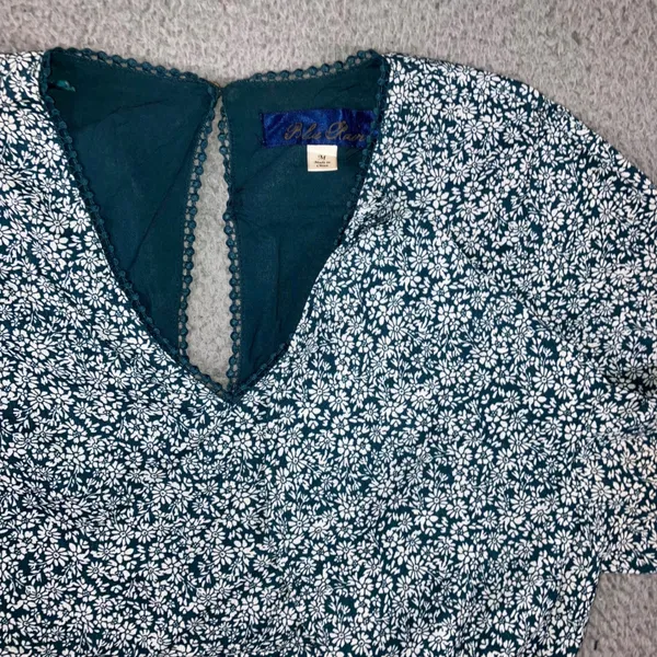 Blue Rain Shorts Romper Women M Teal Floral Bell Sleeve Crochet Boho Cottage‎ - Image 2