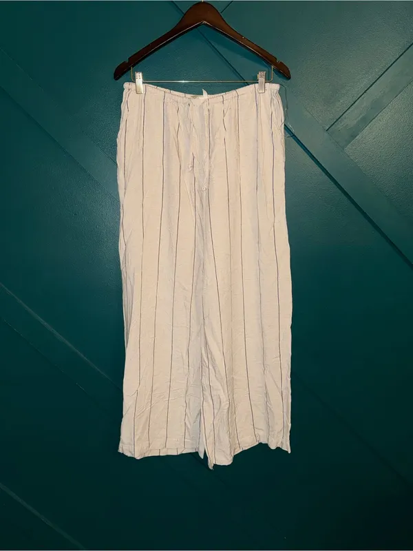 Boho Linen Blend Striped Wide Leg Lounge Pants Cream Drawstring Coastal Grandma - Image 2